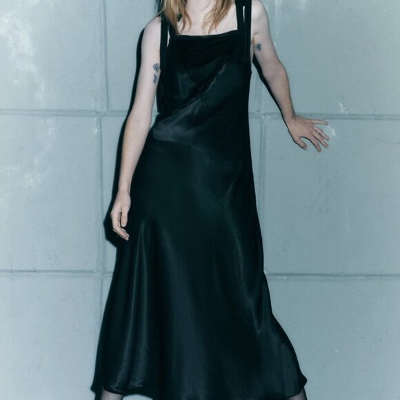 Zara Limited Edition Black Satin Shoulder Tie Camisole Slip On Midi Dress Size S - Picture 9 of 10